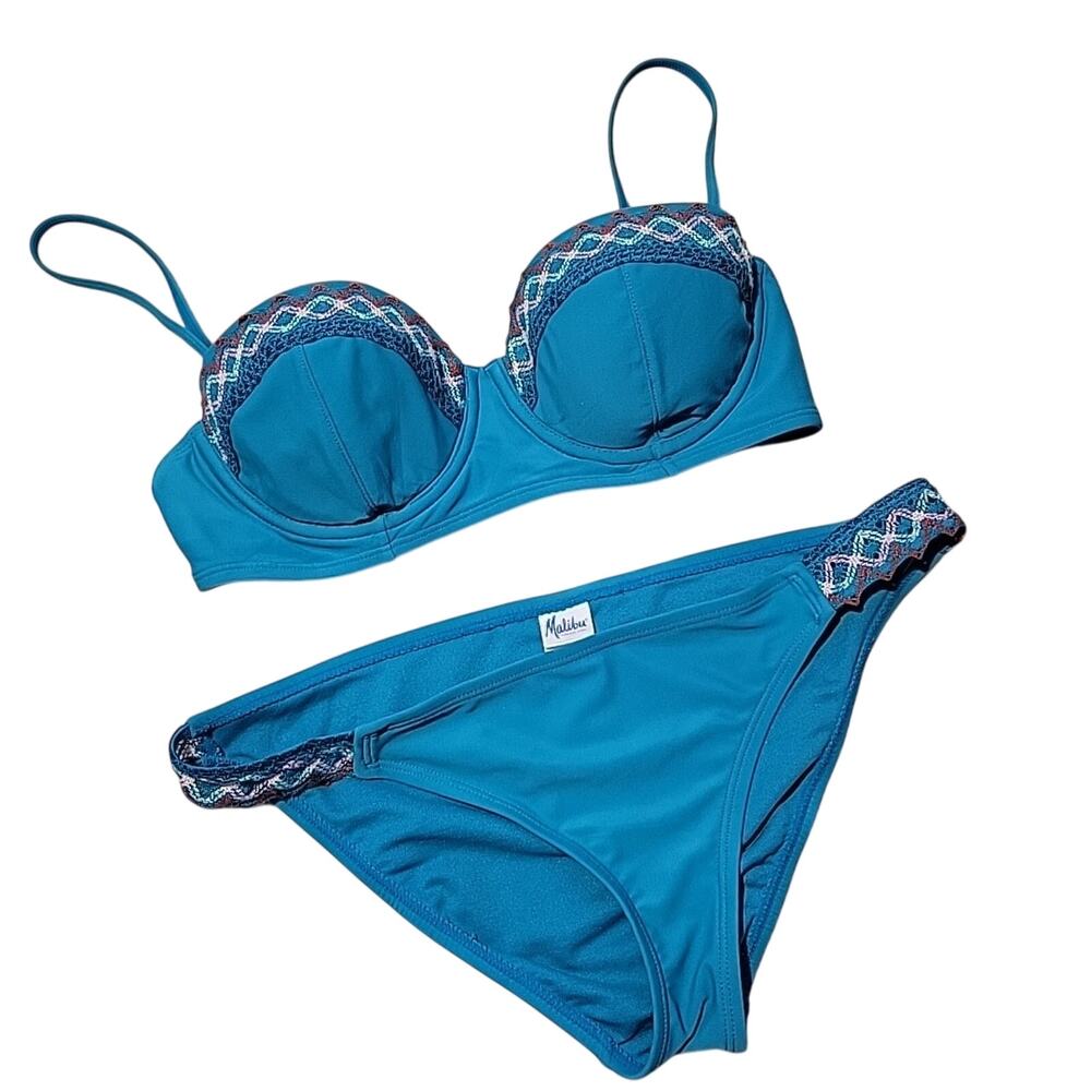 Malibu Dream Girl Swimsuit Women's M 2PC Embroidered Blue Bikini Top W Underwire